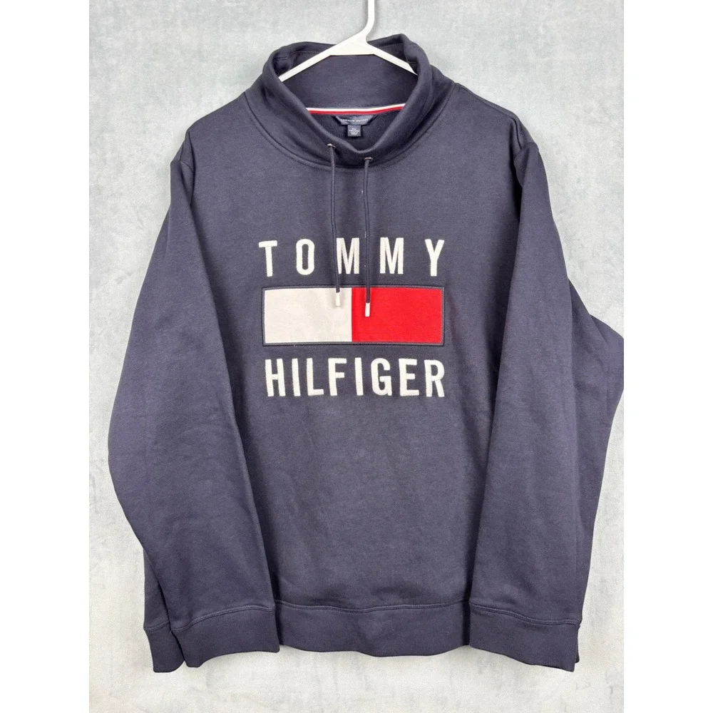 Tommy Hilfiger Mens XXL Navy Blue Funnel Neck Logo Pullover Sweatshirt 76A2577